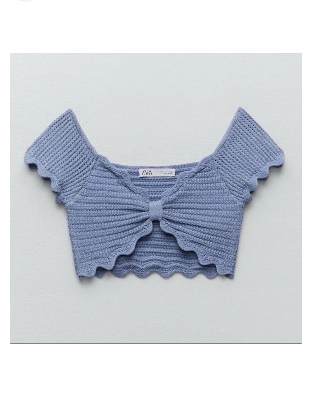 Zara Dusty Blue Ribbed Knit Crop Top with Scalloped Trim